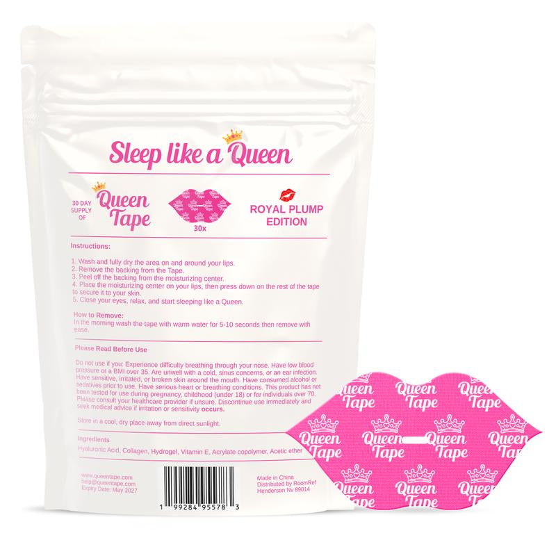 Queen Tape - Hydrating & Moisturizing Mouth Tape for Sleep - Royal Plump Edition - Lip Plumping - Mouth Tape with Collagen Hyaluronic Acid & Vitamin E - One Month Supply