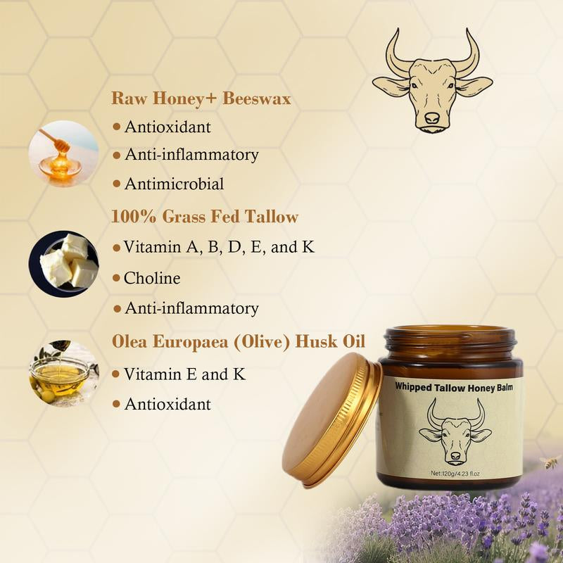 Lopeie Whipped Grass-Fed Beef Tallow Honey Balm - 4 Oz,Moisturizing Cream for Soft, Smooth Skin - Handmade All-Natural Moisturizer - Lavender