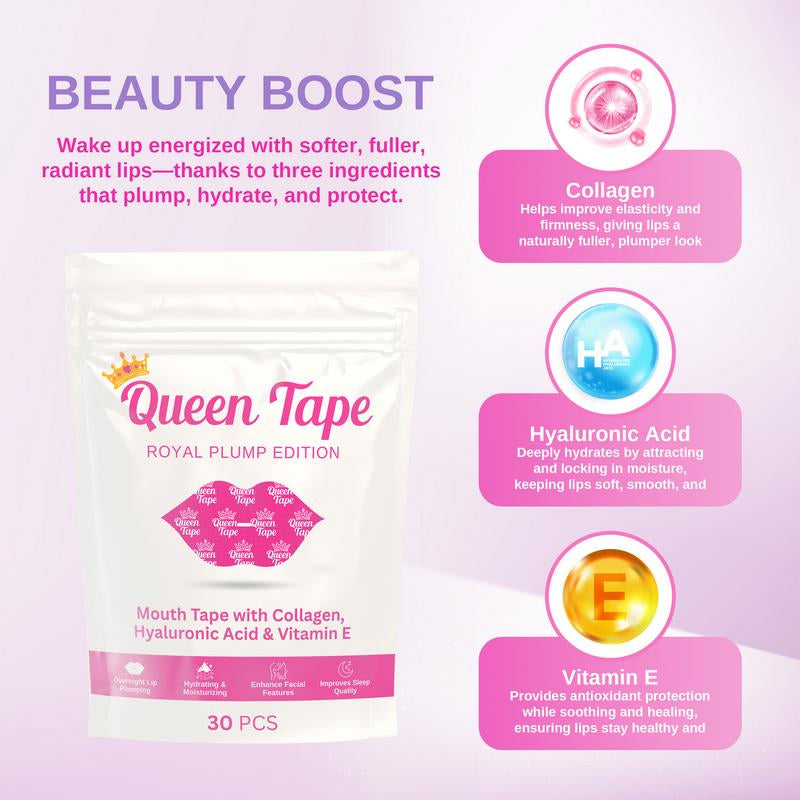 Queen Tape - Hydrating & Moisturizing Mouth Tape for Sleep - Royal Plump Edition - Lip Plumping - Mouth Tape with Collagen Hyaluronic Acid & Vitamin E - One Month Supply